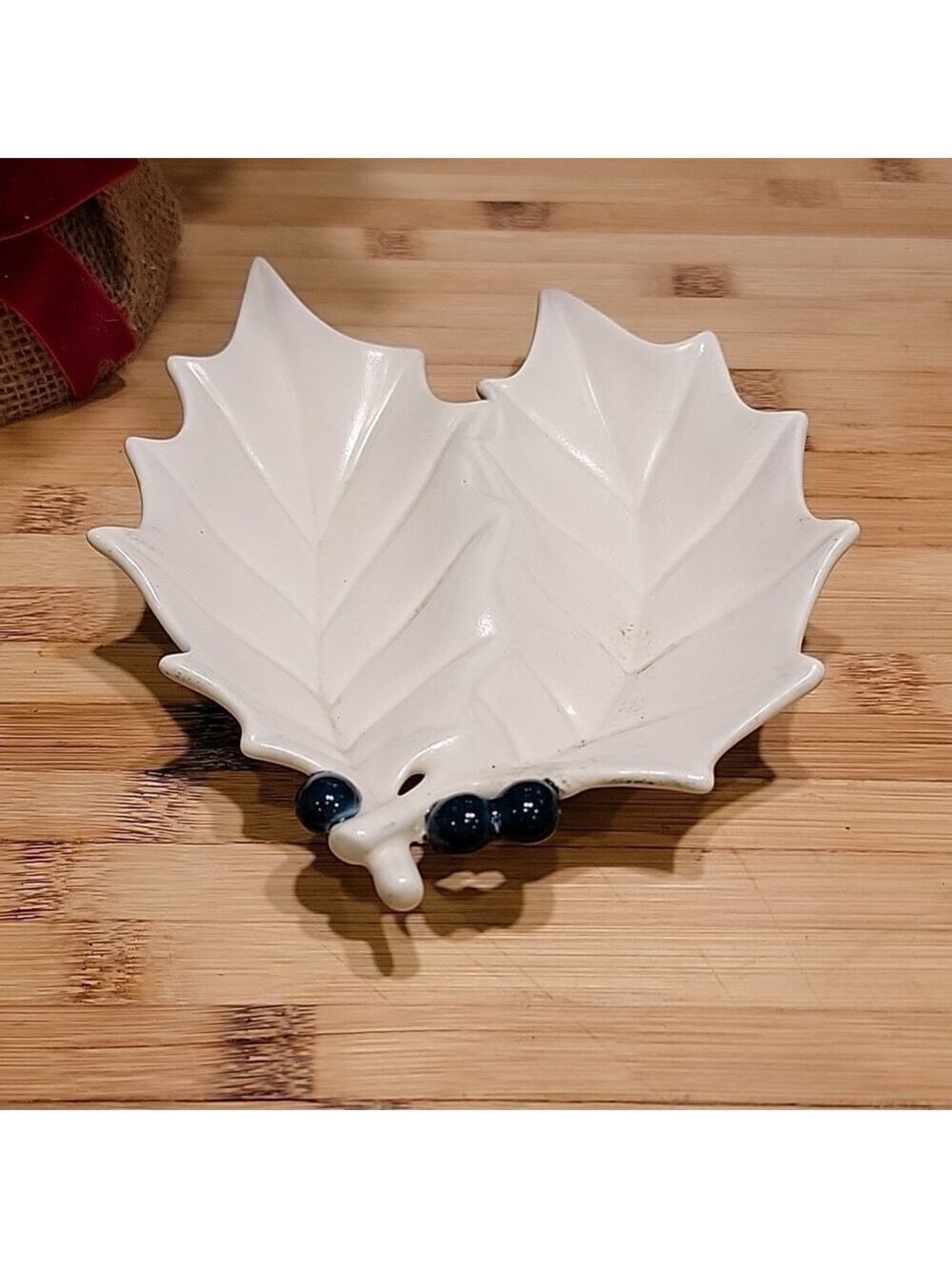 Mid Century White Ceramic Holiday Holly Leaf with Berries Candy Dish - Picture 2 of 5